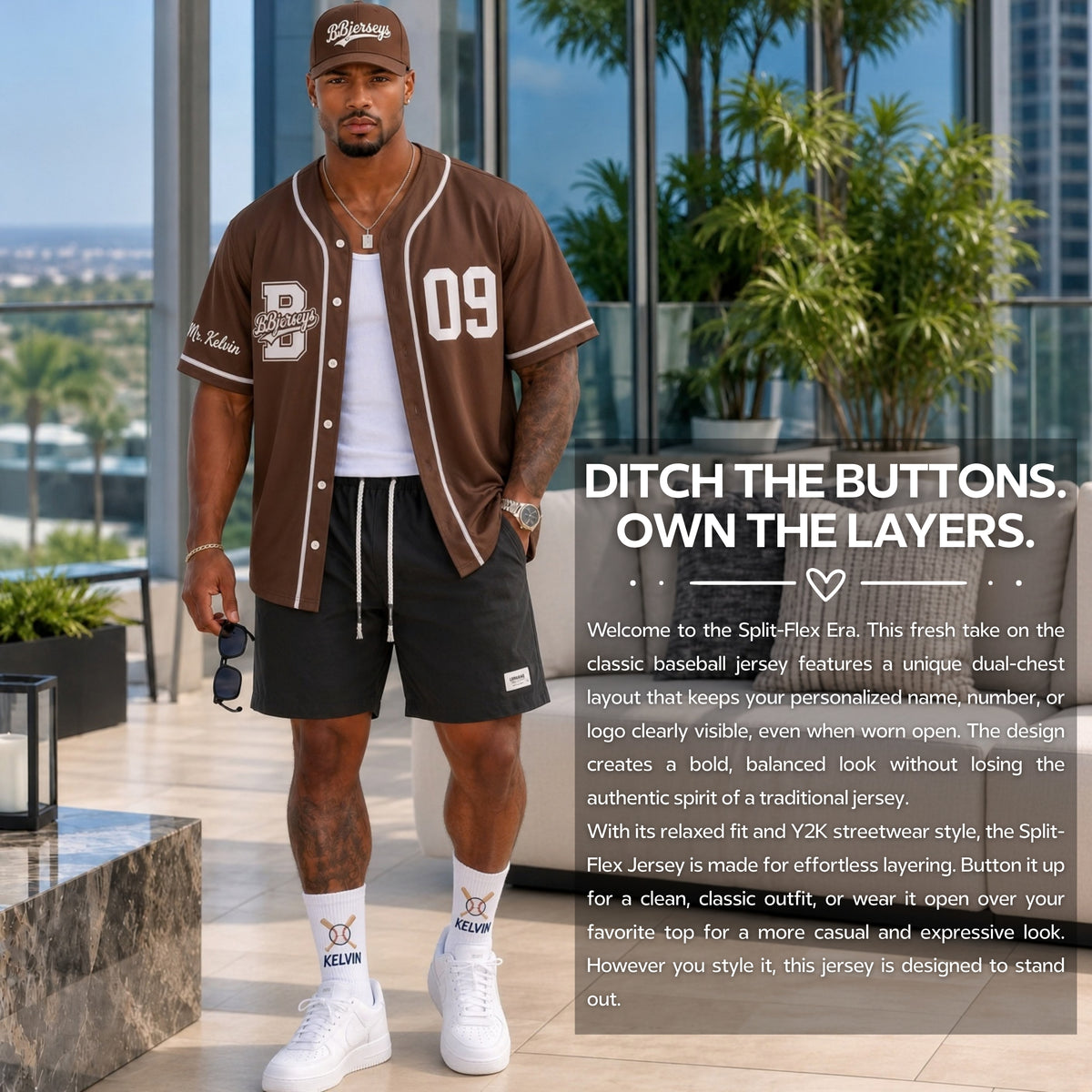 Custom Earth Brown Split-Flex Jersey | Personalized Dual-Chest Button-Down Shirt | Y2K Streetwear Layering Top