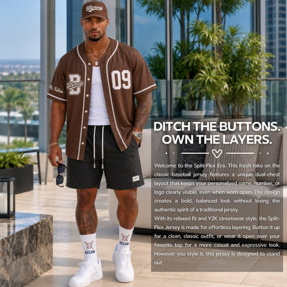 Custom Earth Brown Split-Flex Jersey | Personalized Dual-Chest Button-Down Shirt | Y2K Streetwear Layering Top