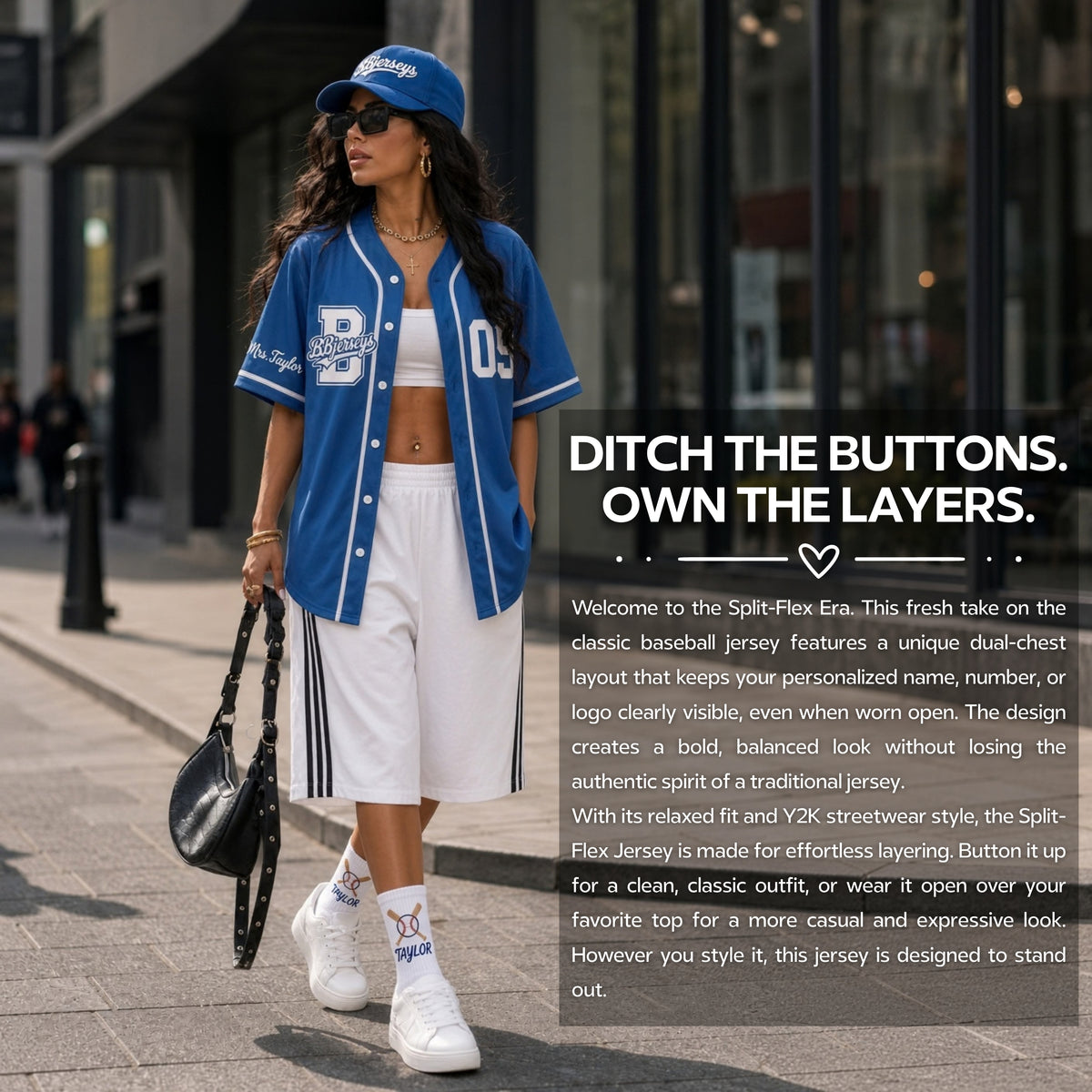 Custom Cobalt Blue Split-Flex Jersey | Personalized Dual-Chest Button-Down Shirt | Y2K Streetwear Layering Top