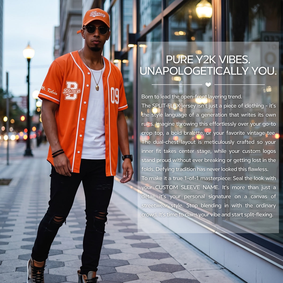 Custom Vibrant Orange Split-Flex Jersey | Personalized Dual-Chest Button-Down Shirt | Y2K Streetwear Layering Top