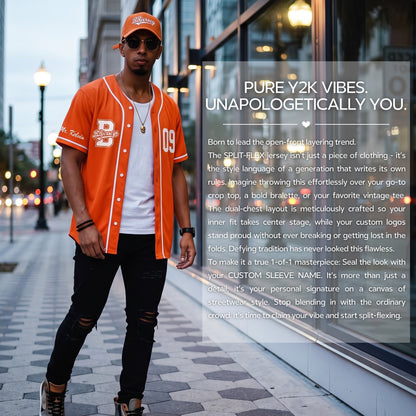 Custom Vibrant Orange Split-Flex Jersey | Personalized Dual-Chest Button-Down Shirt | Y2K Streetwear Layering Top
