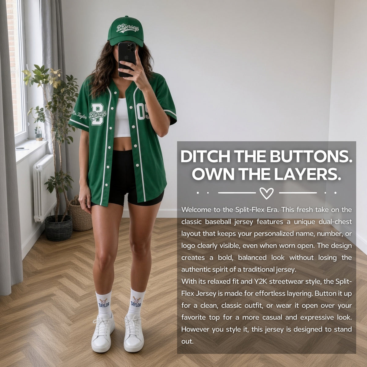 Custom Varsity Green Split-Flex Jersey | Personalized Dual-Chest Button-Down Shirt | Y2K Streetwear Layering Top