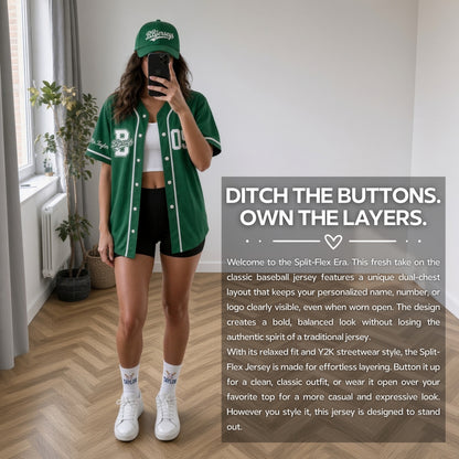 Custom Varsity Green Split-Flex Jersey | Personalized Dual-Chest Button-Down Shirt | Y2K Streetwear Layering Top