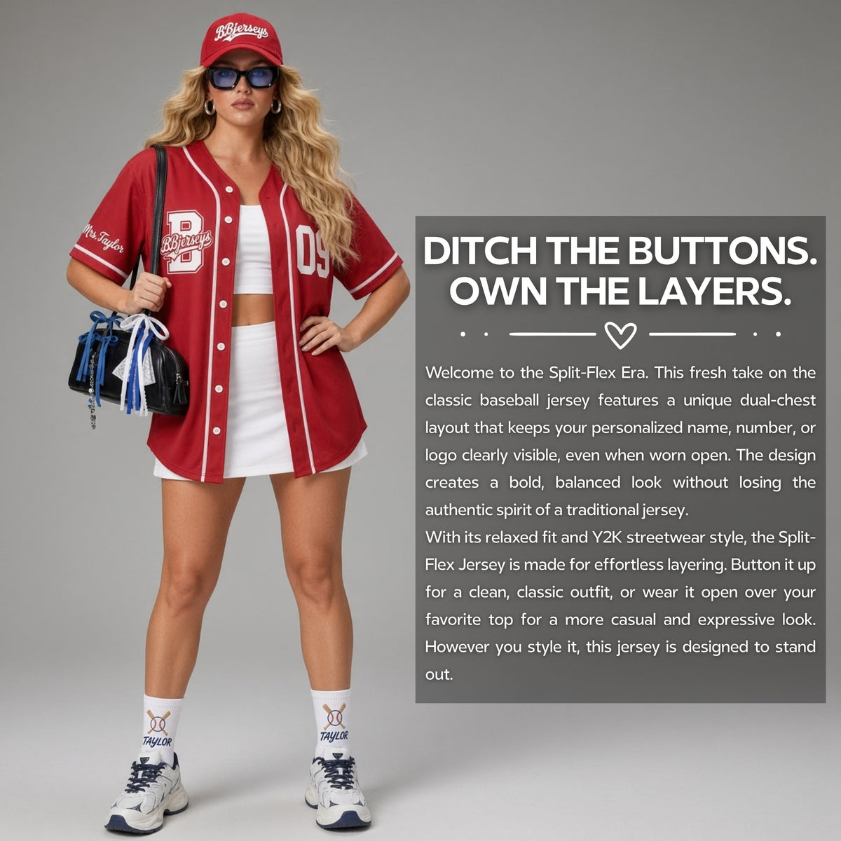 Custom Varsity Red Split-Flex Jersey | Personalized Dual-Chest Button-Down Shirt | Y2K Streetwear Layering Top