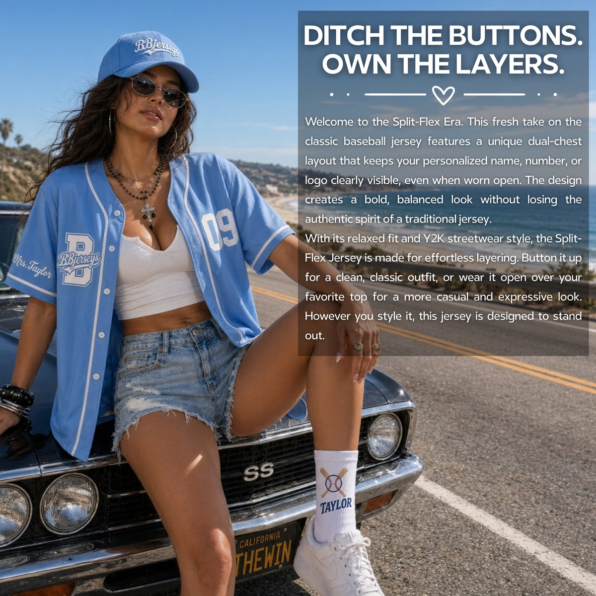 Custom Powder Blue Split-Flex Jersey | Personalized Dual-Chest Button-Down Shirt | Y2K Streetwear Layering Top