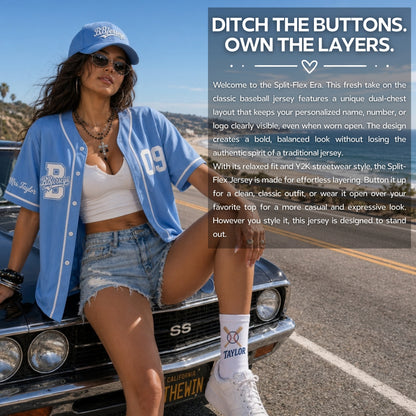 Custom Powder Blue Split-Flex Jersey | Personalized Dual-Chest Button-Down Shirt | Y2K Streetwear Layering Top
