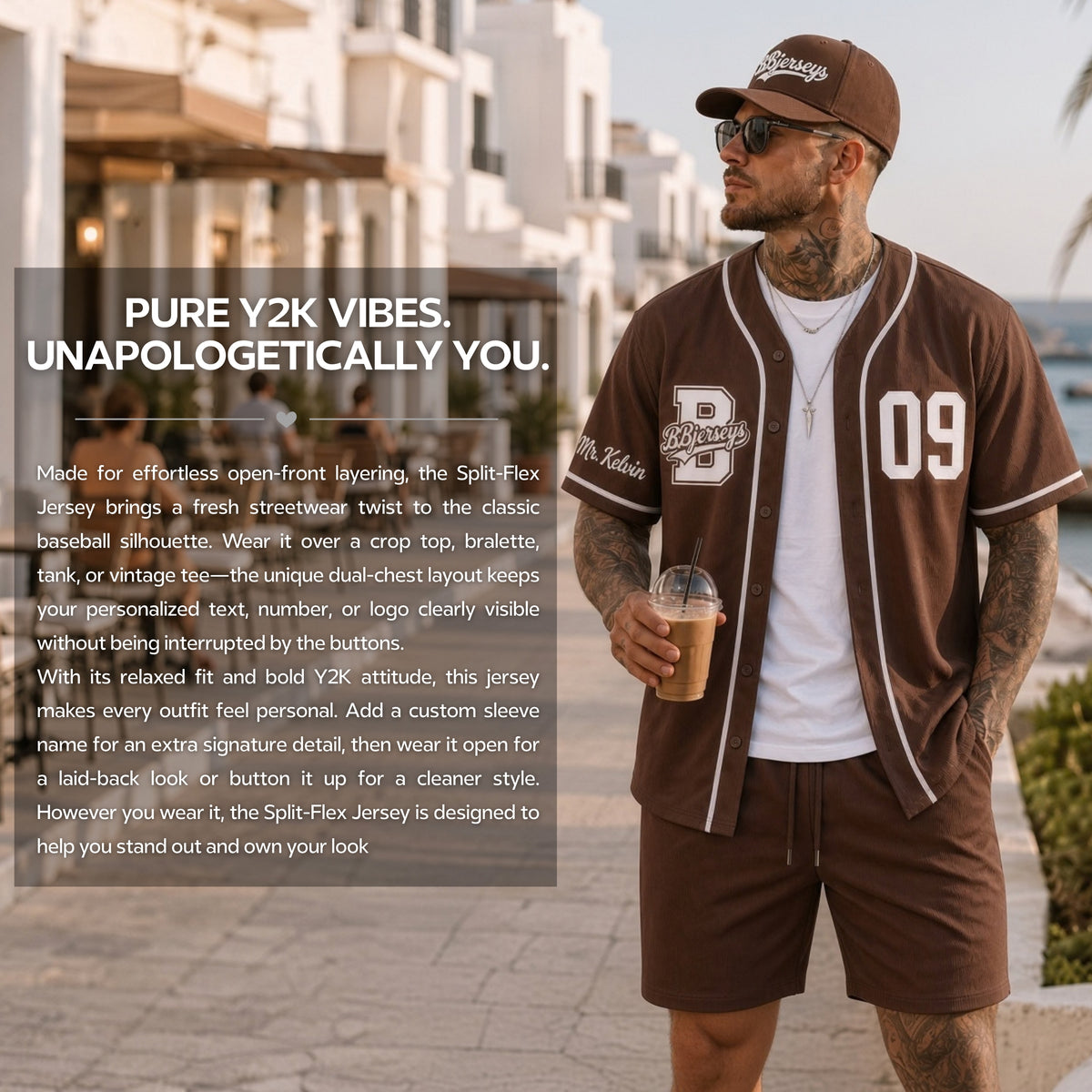 Custom Earth Brown Split-Flex Jersey | Personalized Dual-Chest Button-Down Shirt | Y2K Streetwear Layering Top