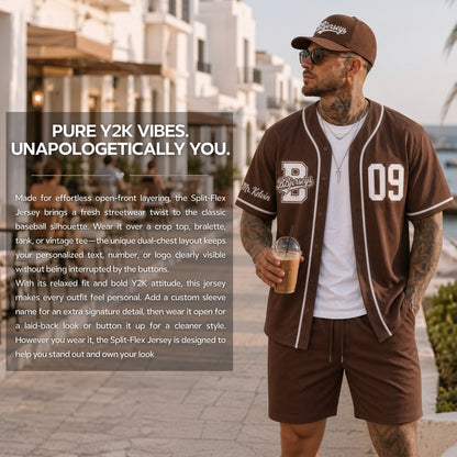 Custom Earth Brown Split-Flex Jersey | Personalized Dual-Chest Button-Down Shirt | Y2K Streetwear Layering Top