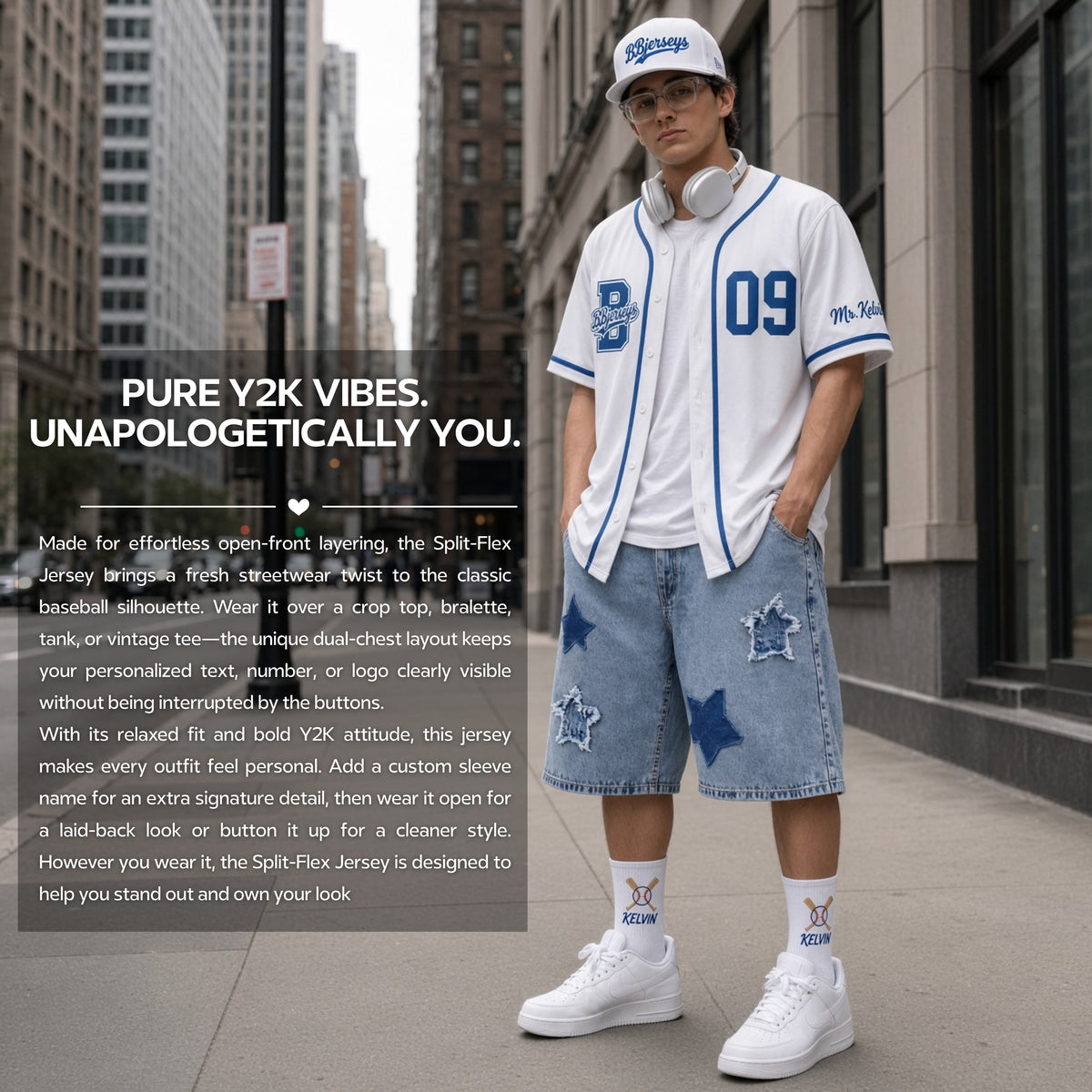 Custom West Coast Blue & Crisp White Split-Flex Jersey | Personalized Dual-Chest Button-Down Shirt | Y2K Streetwear Layering Top