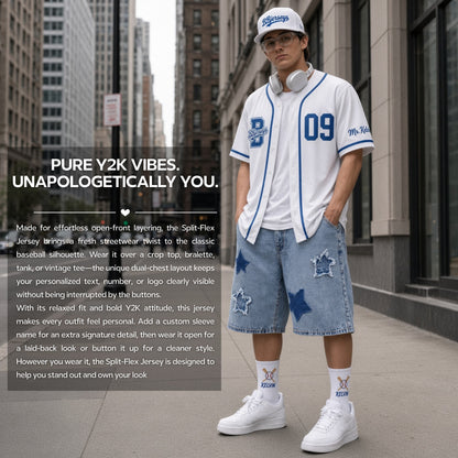Custom West Coast Blue & Crisp White Split-Flex Jersey | Personalized Dual-Chest Button-Down Shirt | Y2K Streetwear Layering Top