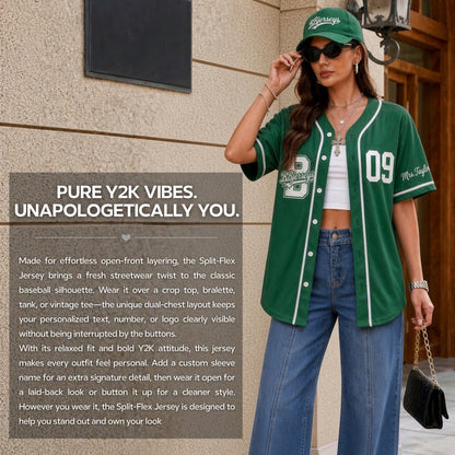 Custom Varsity Green Split-Flex Jersey | Personalized Dual-Chest Button-Down Shirt | Y2K Streetwear Layering Top