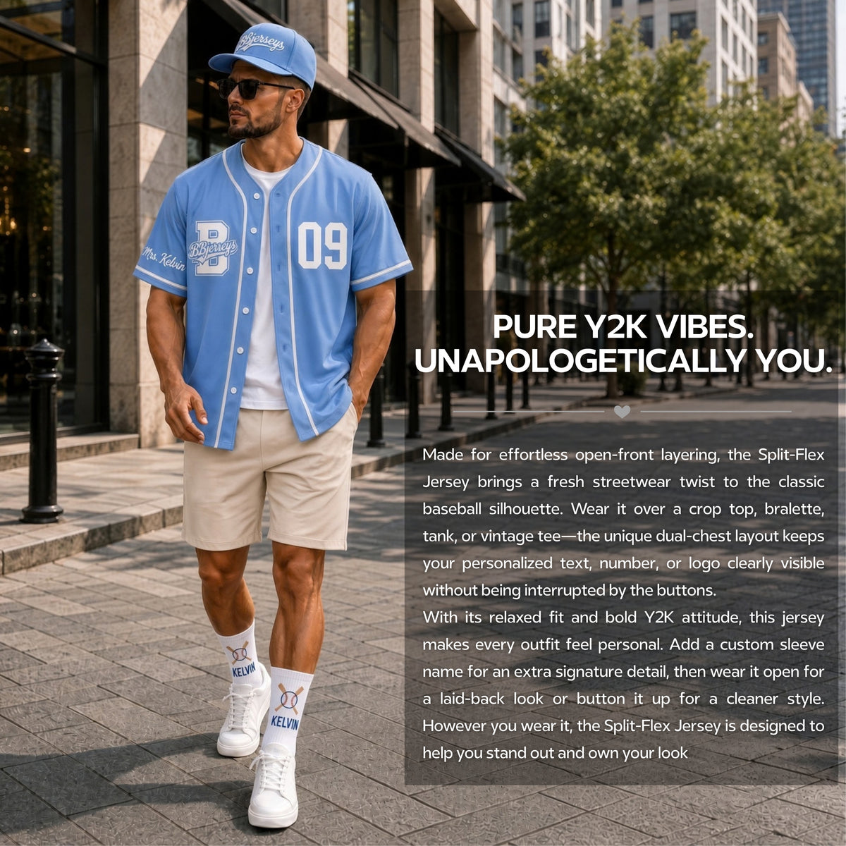 Custom Powder Blue Split-Flex Jersey | Personalized Dual-Chest Button-Down Shirt | Y2K Streetwear Layering Top