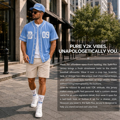 Custom Powder Blue Split-Flex Jersey | Personalized Dual-Chest Button-Down Shirt | Y2K Streetwear Layering Top