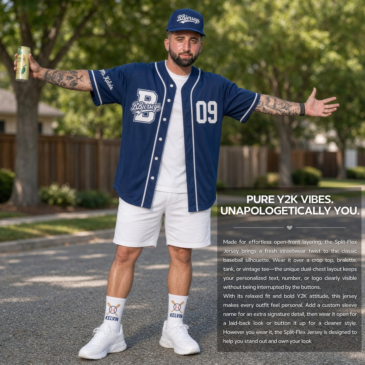 Custom Midnight Blue Split-Flex Jersey | Personalized Dual-Chest Button-Down Shirt | Y2K Streetwear Layering Top