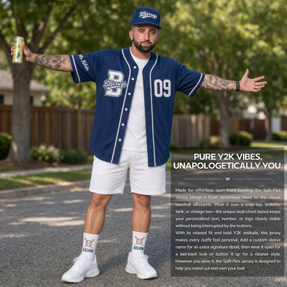Custom Midnight Blue Split-Flex Jersey | Personalized Dual-Chest Button-Down Shirt | Y2K Streetwear Layering Top