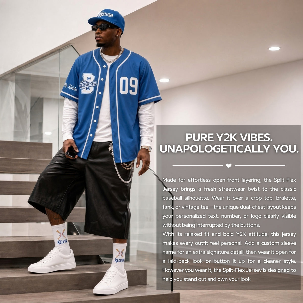 Custom Cobalt Blue Split-Flex Jersey | Personalized Dual-Chest Button-Down Shirt | Y2K Streetwear Layering Top