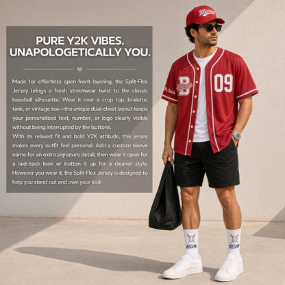 Custom Varsity Red Split-Flex Jersey | Personalized Dual-Chest Button-Down Shirt | Y2K Streetwear Layering Top