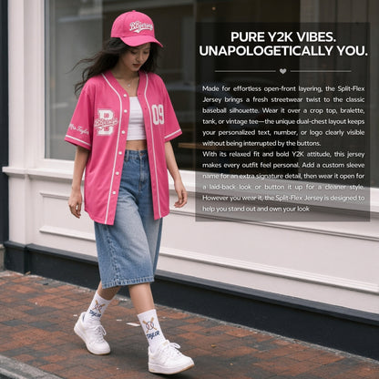 Custom Bubblegum Pink Split-Flex Jersey | Personalized Dual-Chest Button-Down Shirt | Y2K Streetwear Layering Top