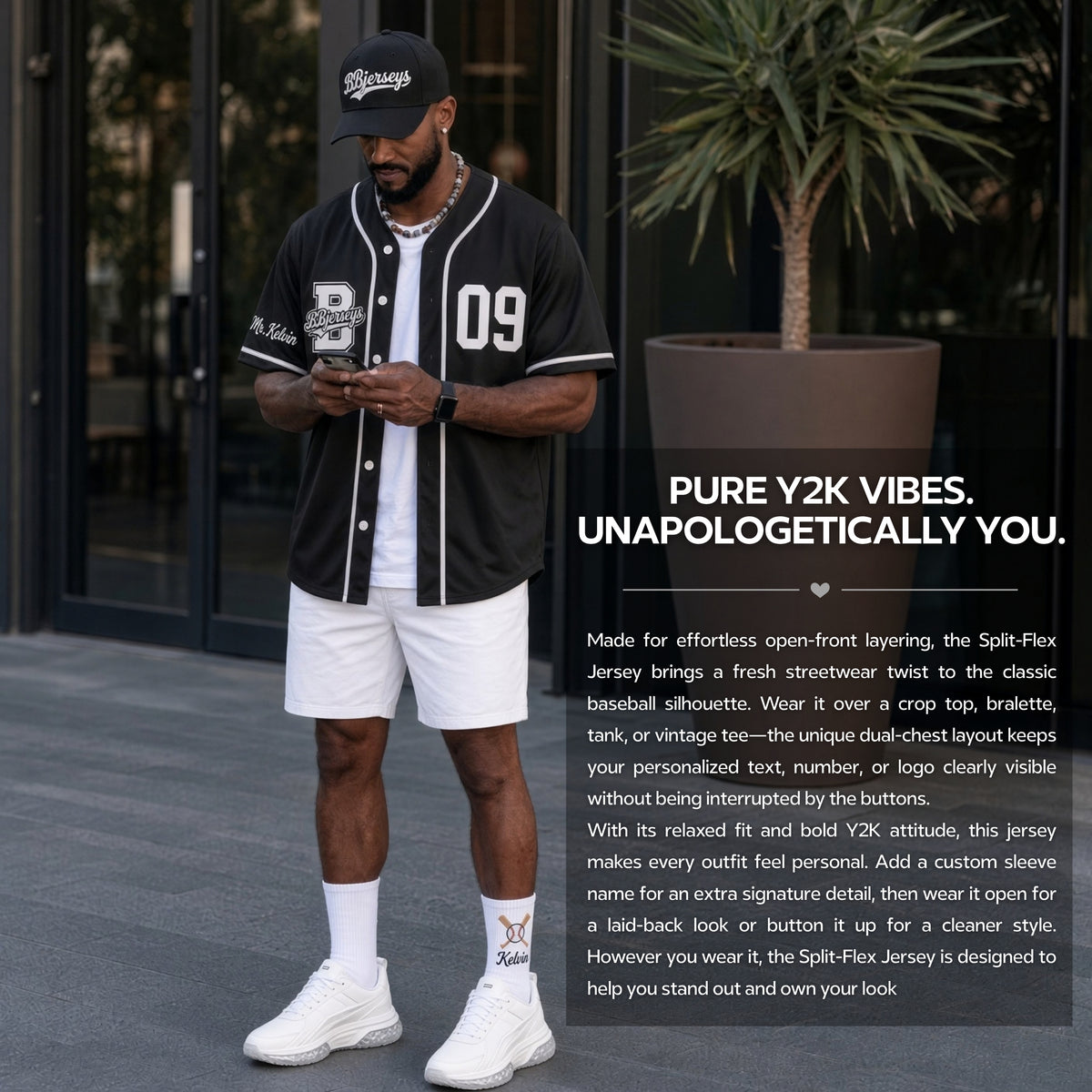 Custom Phantom Black Split-Flex Jersey | Personalized Dual-Chest Button-Down Shirt | Y2K Streetwear Layering Top