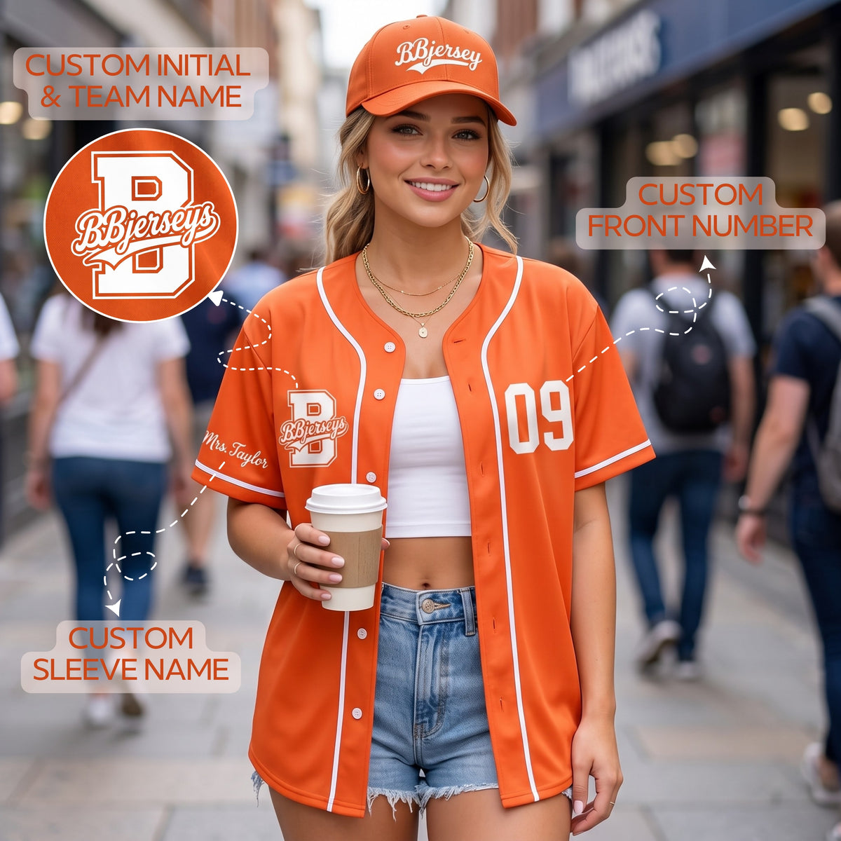 Custom Vibrant Orange Split-Flex Jersey | Personalized Dual-Chest Button-Down Shirt | Y2K Streetwear Layering Top