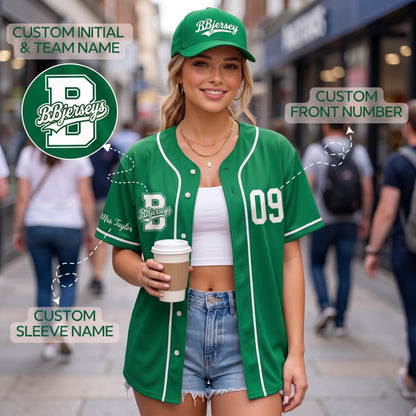 Custom Varsity Green Split-Flex Jersey | Personalized Dual-Chest Button-Down Shirt | Y2K Streetwear Layering Top