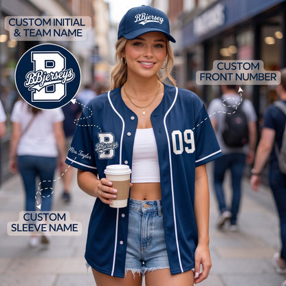 Custom Midnight Blue Split-Flex Jersey | Personalized Dual-Chest Button-Down Shirt | Y2K Streetwear Layering Top