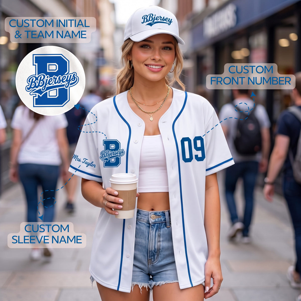 Custom West Coast Blue & Crisp White Split-Flex Jersey | Personalized Dual-Chest Button-Down Shirt | Y2K Streetwear Layering Top