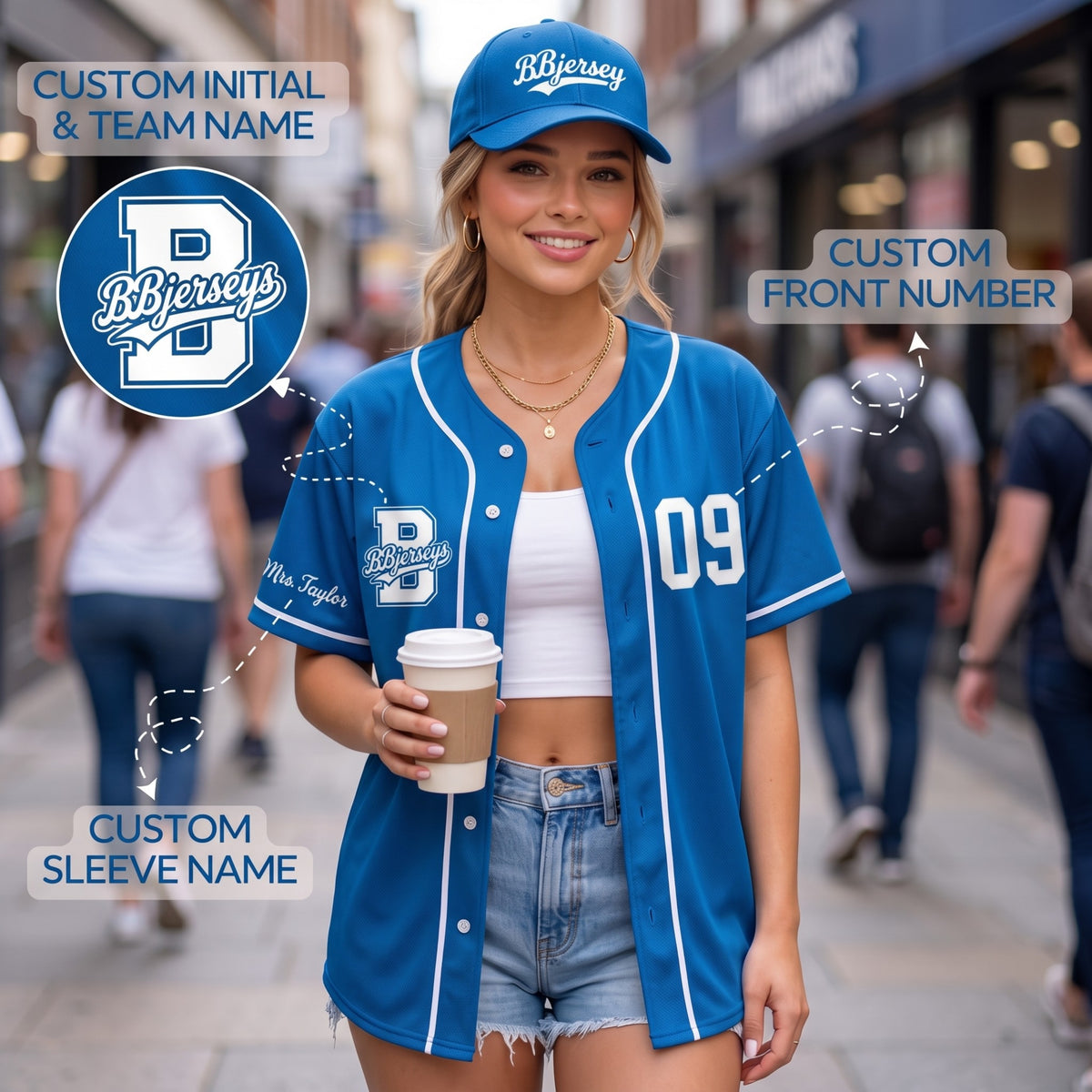 Custom Cobalt Blue Split-Flex Jersey | Personalized Dual-Chest Button-Down Shirt | Y2K Streetwear Layering Top