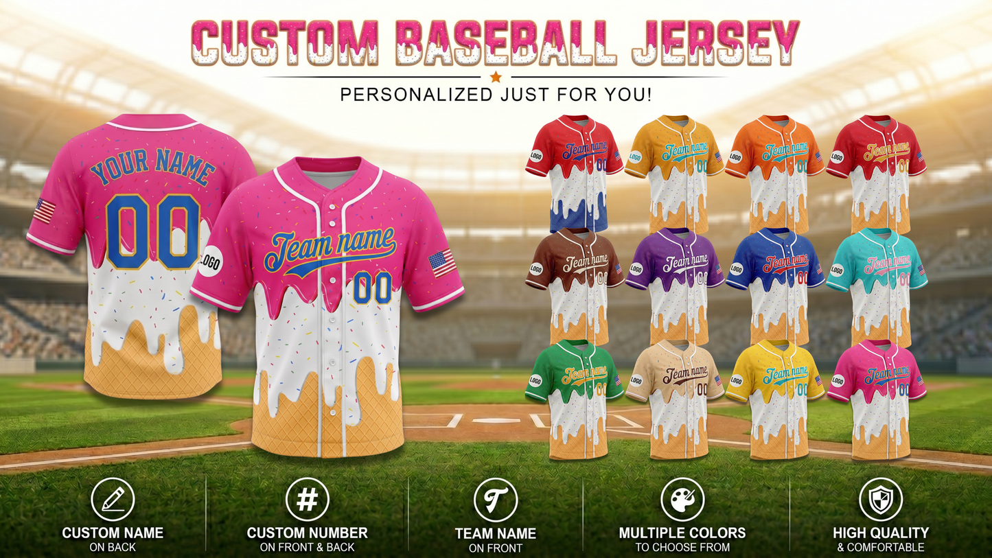 Personalized Ice Cream Drip Baseball Jersey | Custom Name & Number