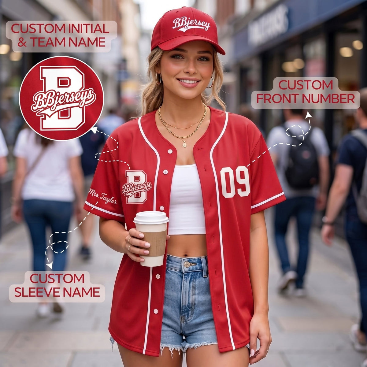 Custom Varsity Red Split-Flex Jersey | Personalized Dual-Chest Button-Down Shirt | Y2K Streetwear Layering Top
