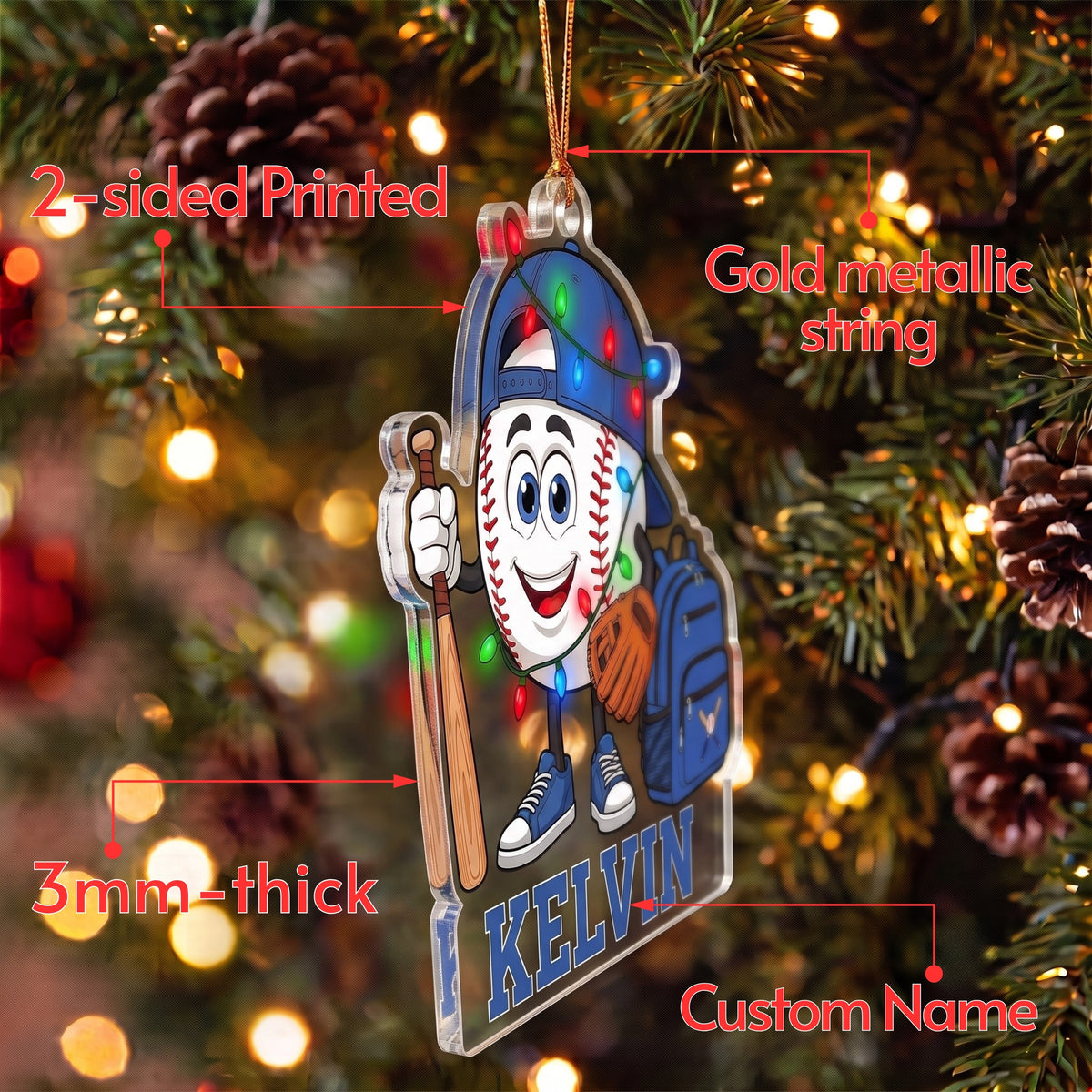 Personalized 2D Flat Baseball Softball Mascot Christmas Ornament | Custom Name Sports Ornaments Gift for Baseball Softball Lover