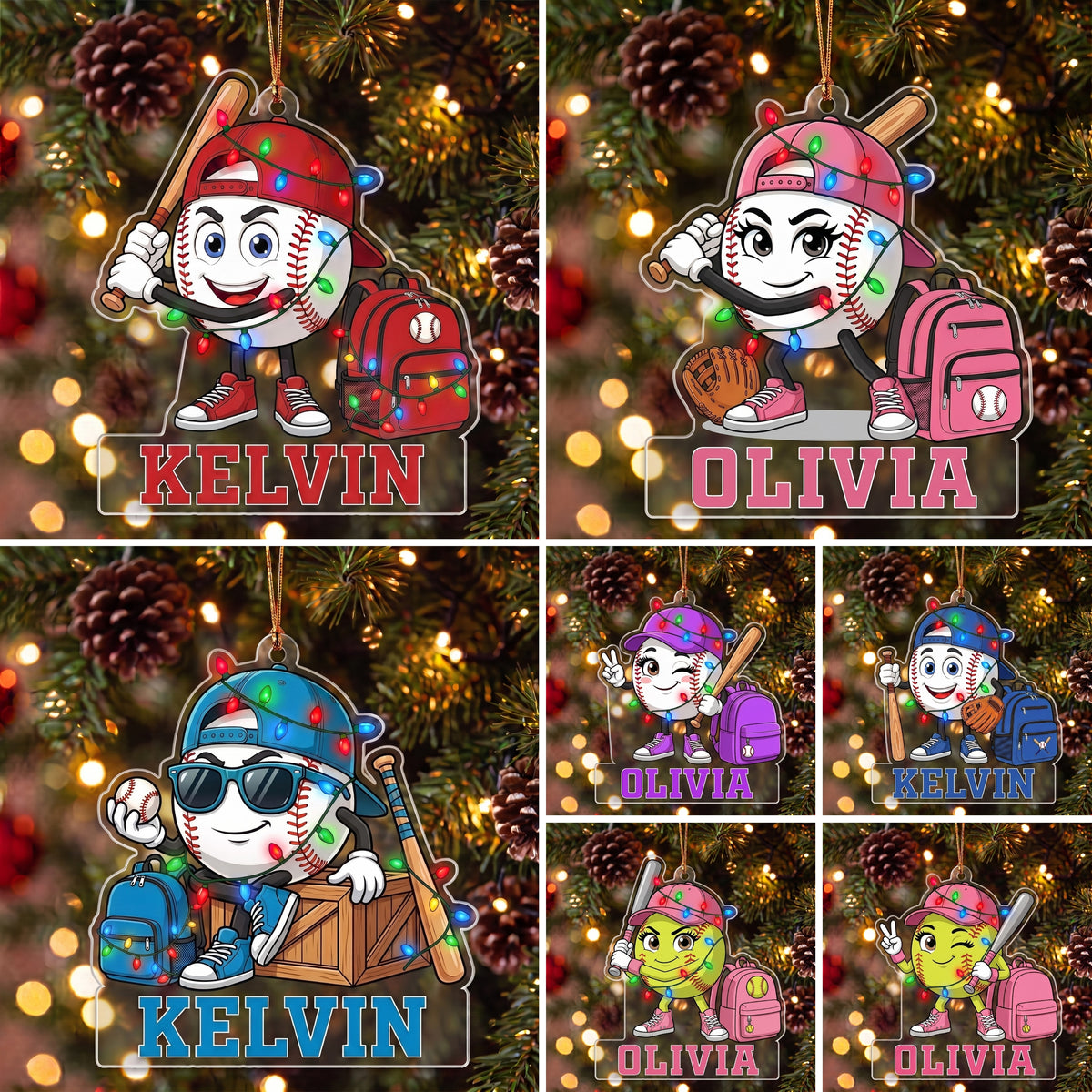 Personalized 2D Flat Baseball Softball Mascot Christmas Ornament | Custom Name Sports Ornaments Gift for Baseball Softball Lover