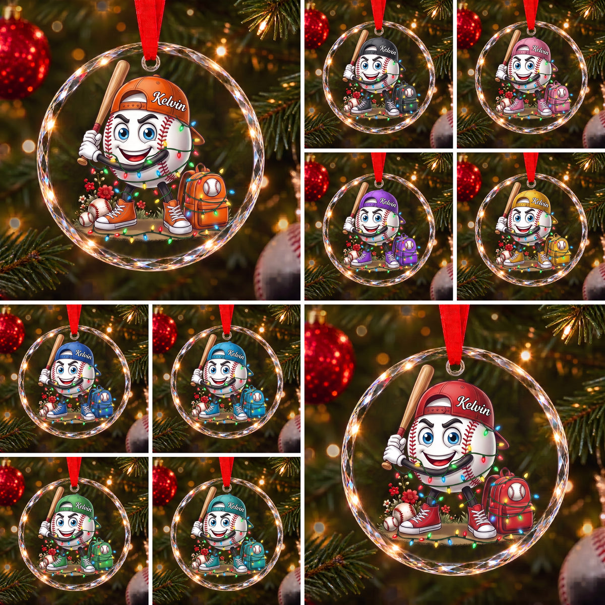 Personalized Baseball & Softball Mascot Glass Christmas Ornament - Custom Name Sports Family Keepsake Gift