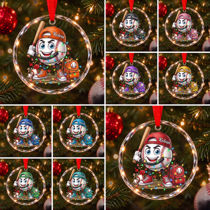 Personalized Baseball & Softball Mascot Glass Christmas Ornament - Custom Name Sports Family Keepsake Gift