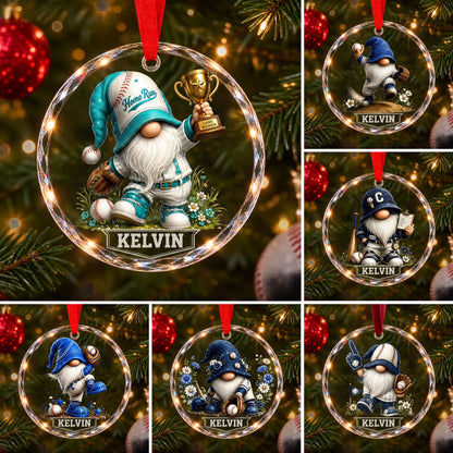 Personalized Baseball Gnome Glass Christmas Ornament - Custom Name Sports Character Keepsake & Team Gift for Kids