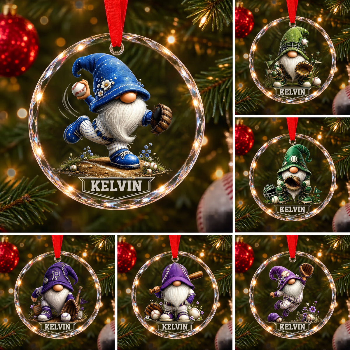 Personalized Baseball Gnome Glass Christmas Ornament - Custom Name Sports Character Keepsake & Team Gift for Kids