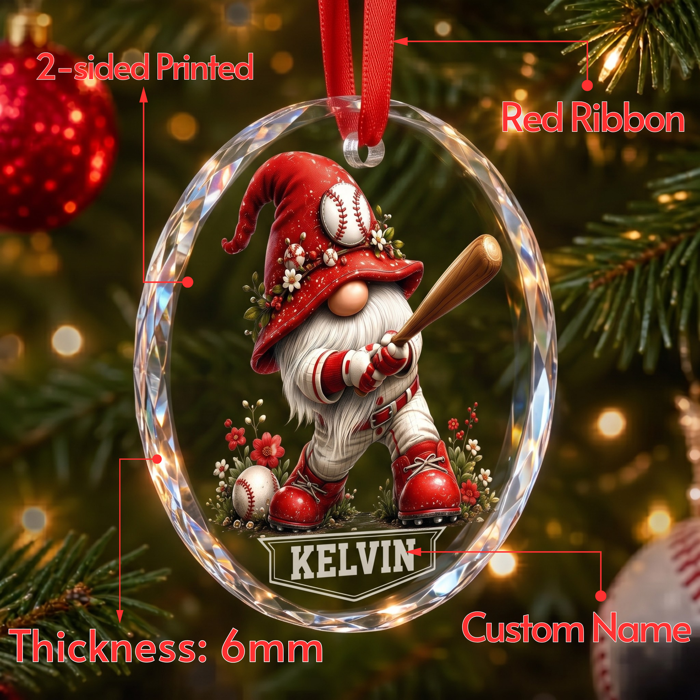 Personalized Baseball Gnome Glass Christmas Ornament - Custom Name Sports Character Keepsake & Team Gift for Kids