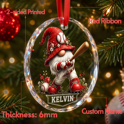 Personalized Baseball Gnome Glass Christmas Ornament - Custom Name Sports Character Keepsake & Team Gift for Kids