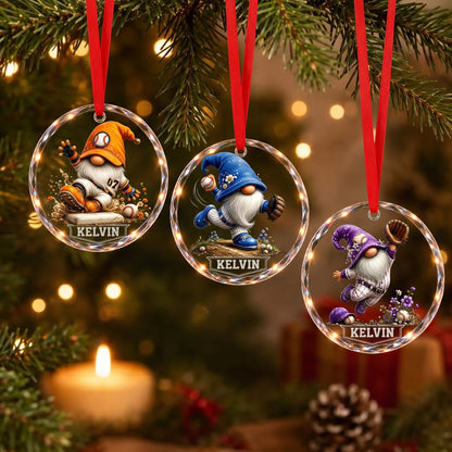 Personalized Baseball Gnome Glass Christmas Ornament - Custom Name Sports Character Keepsake & Team Gift for Kids