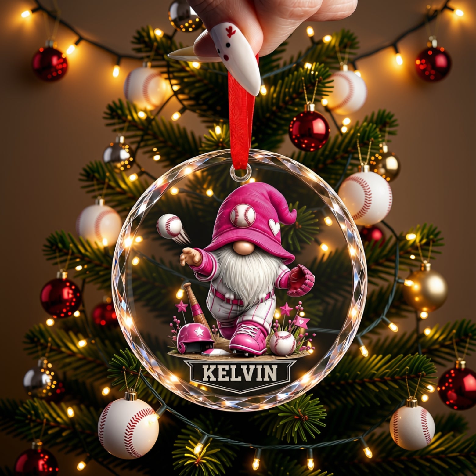 Personalized Baseball Gnome Glass Christmas Ornament - Custom Name Sports Character Keepsake & Team Gift for Kids