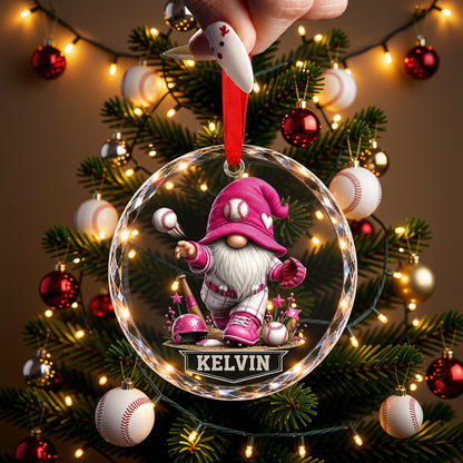 Personalized Baseball Gnome Glass Christmas Ornament - Custom Name Sports Character Keepsake & Team Gift for Kids