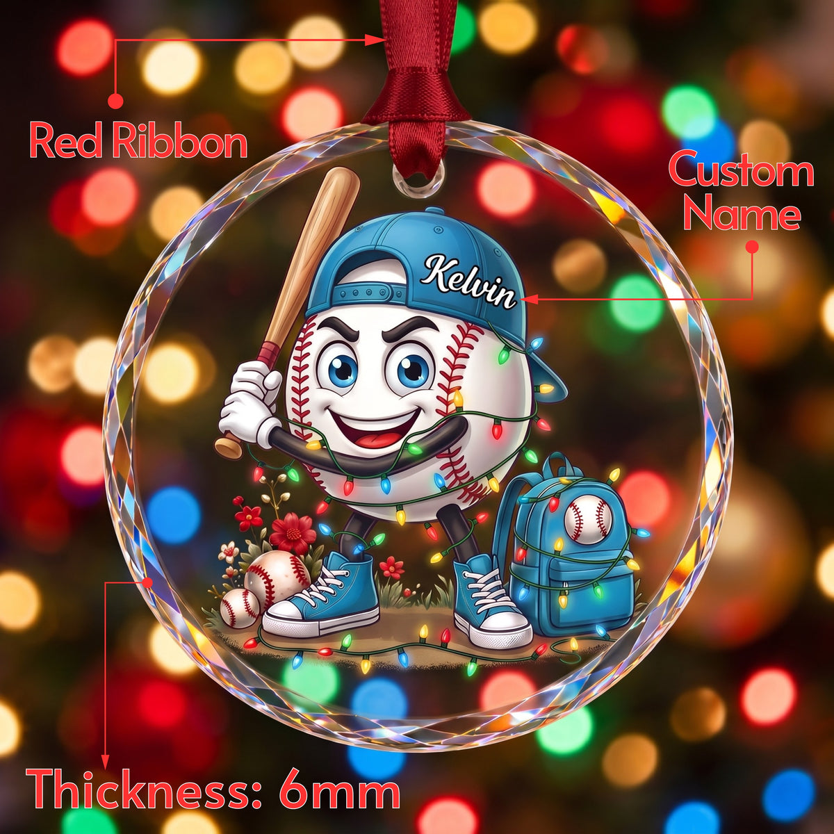 Personalized Baseball & Softball Mascot Glass Christmas Ornament - Custom Name Sports Family Keepsake Gift