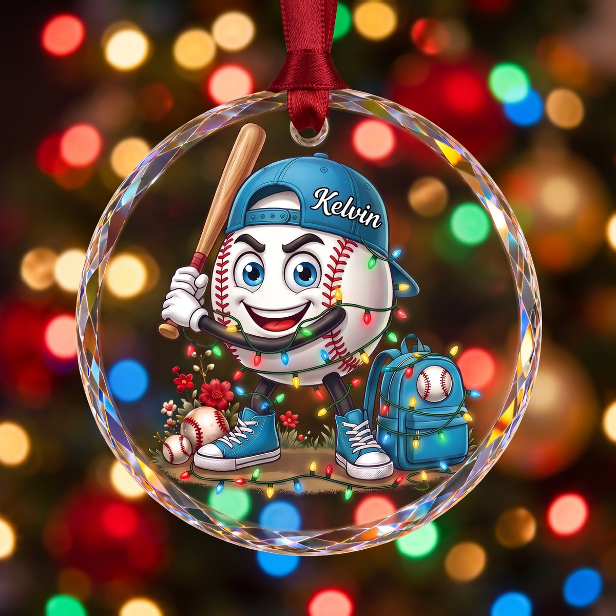 Personalized Baseball & Softball Mascot Glass Christmas Ornament - Custom Name Sports Family Keepsake Gift