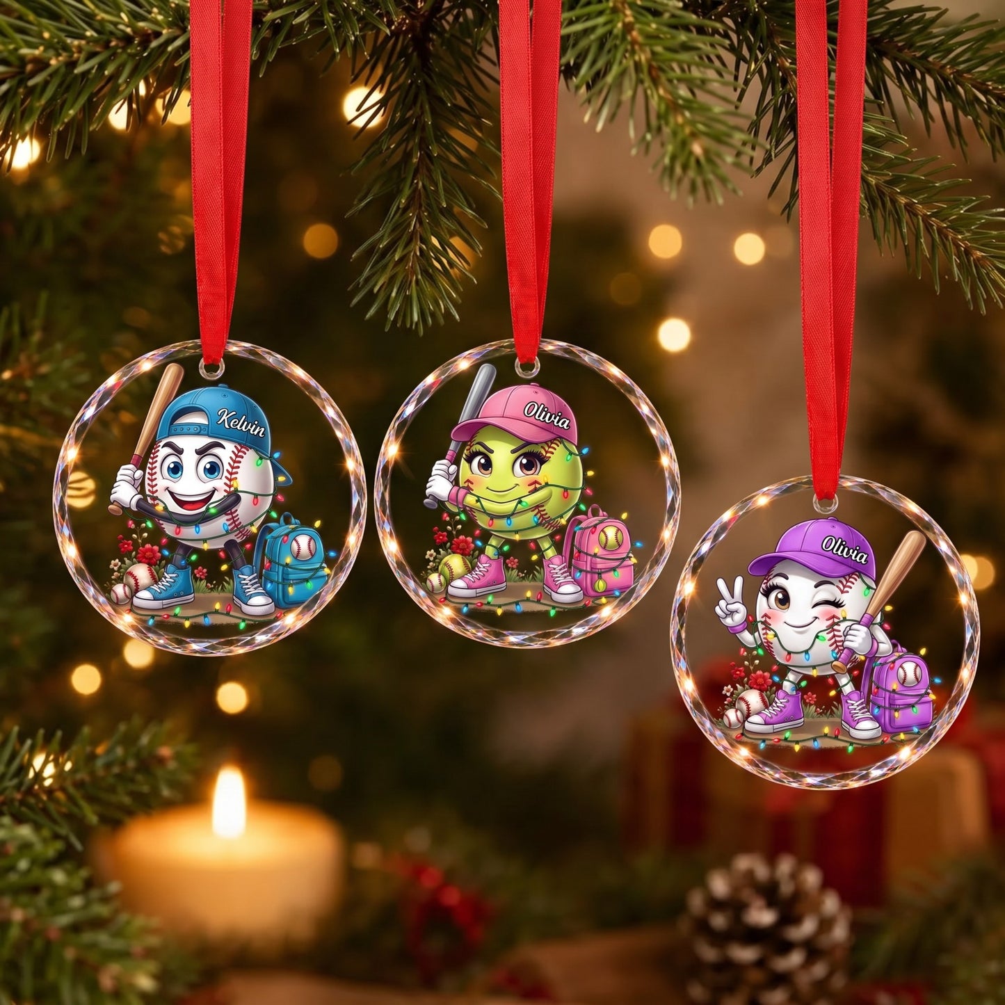 Personalized Baseball & Softball Mascot Glass Christmas Ornament - Custom Name Sports Family Keepsake Gift