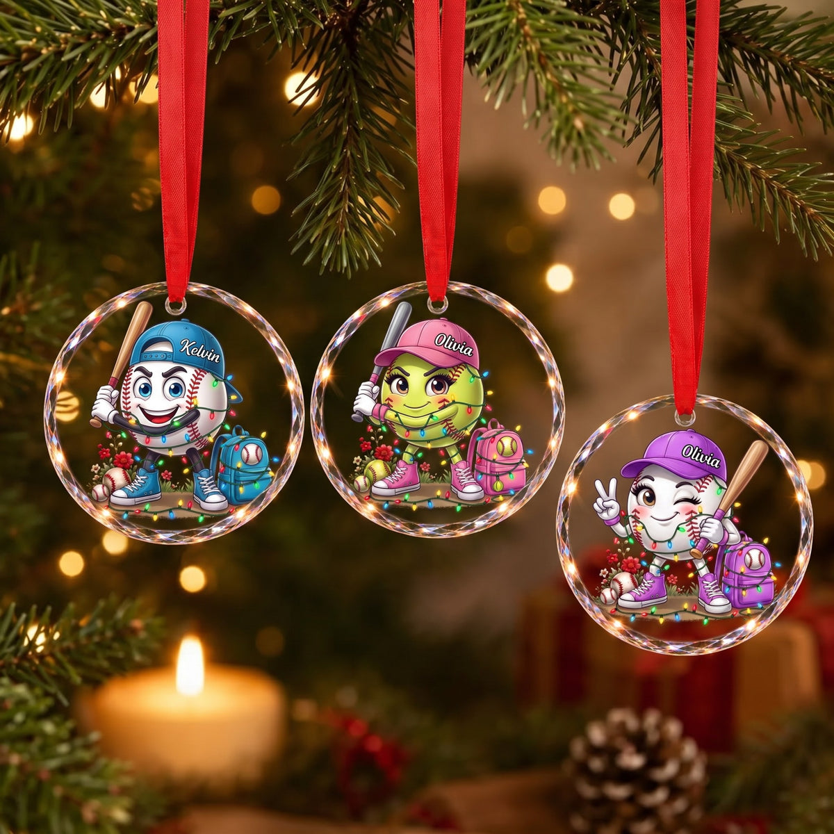 Personalized Baseball & Softball Mascot Glass Christmas Ornament - Custom Name Sports Family Keepsake Gift
