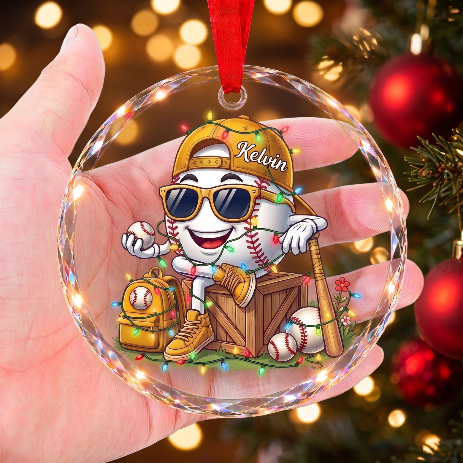 Personalized Baseball & Softball Mascot Glass Christmas Ornament - Custom Name Sports Family Keepsake Gift