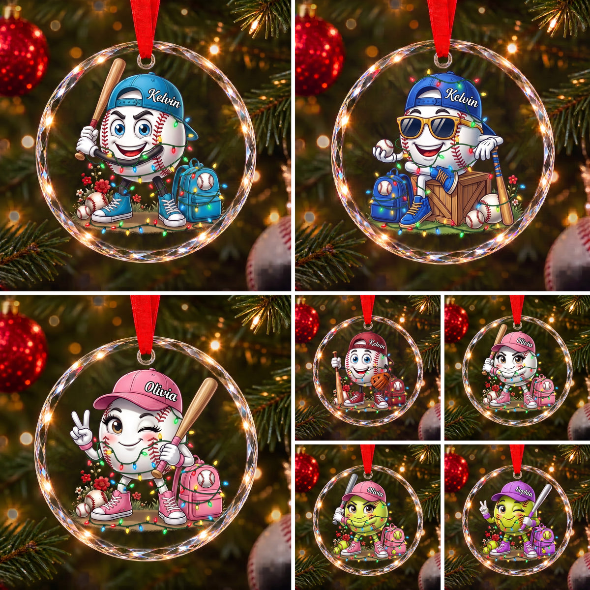 Personalized Baseball & Softball Mascot Glass Christmas Ornament - Custom Name Sports Family Keepsake Gift