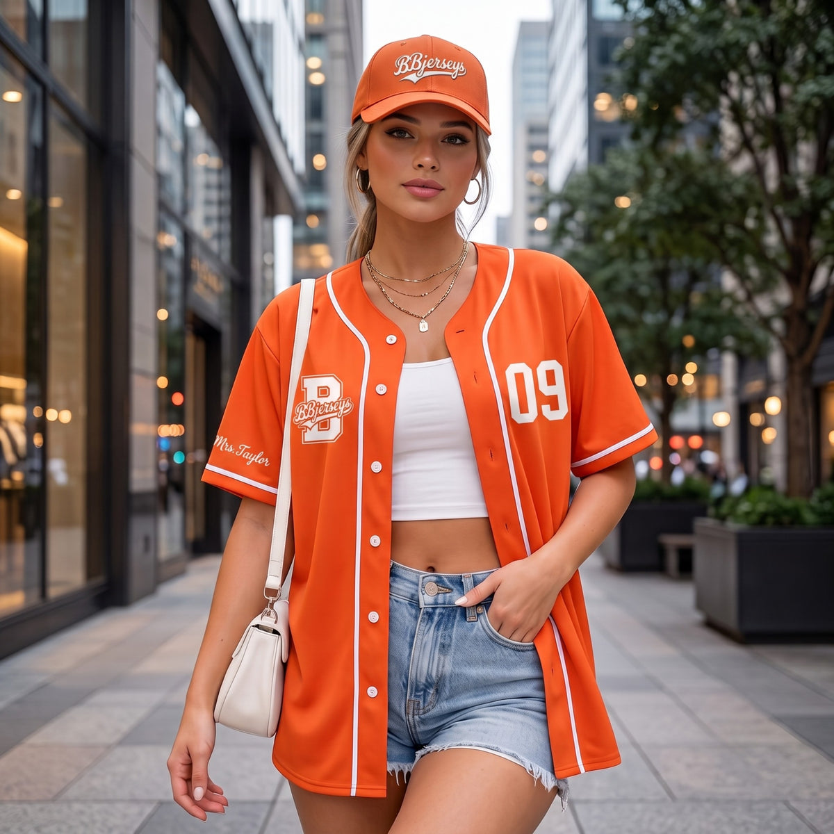 Custom Vibrant Orange Split-Flex Jersey | Personalized Dual-Chest Button-Down Shirt | Y2K Streetwear Layering Top