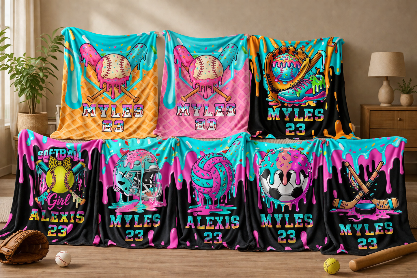 Personalized Ice Cream Drip Baseball Blanket