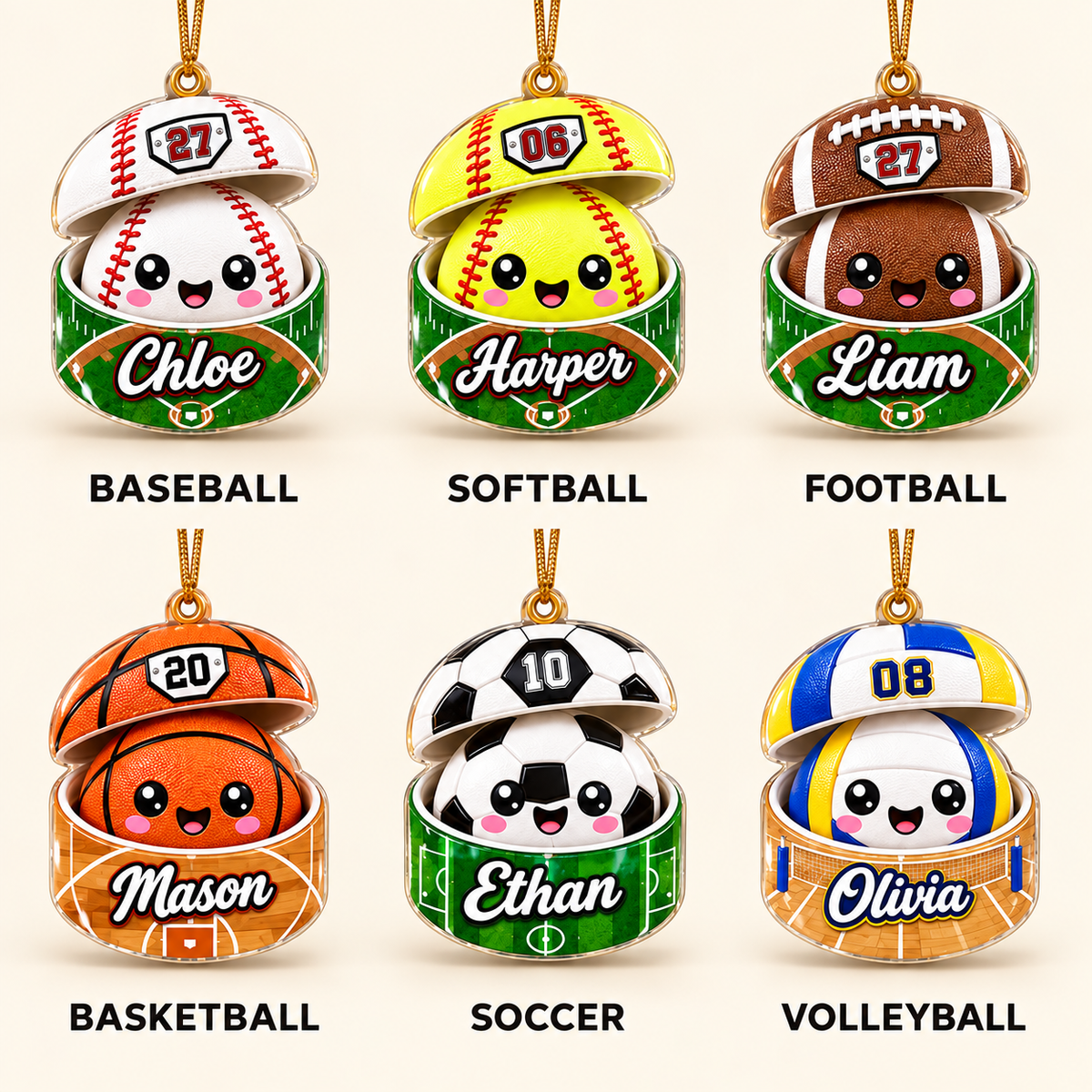 Personalized Sports Dumpling Squishy Ornament - Custom Name & Number Acrylic Christmas Keepsake for Kids